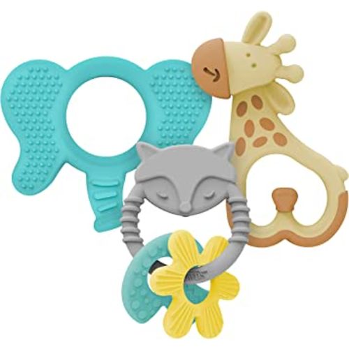 Dr. Brown's Baby Teether Variety Pack, Fox Learning Loop Silicone Ring, Giraffe Tidgees Massaging Teether, and Flexees Friends Silicone Elephant Teether, Blue