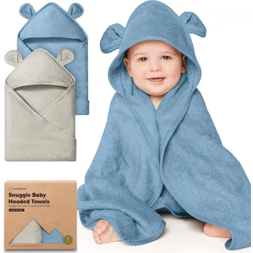 KeaBabies 2-Pack Hooded Baby Towels for Newborn - 30x30 Soft & Absorbent Viscose from Bamboo Baby Bath Towels with Hood for Infant, Toddler,Kids,Boys Girls,Newborn Bath Essentials (Steel, Petite)