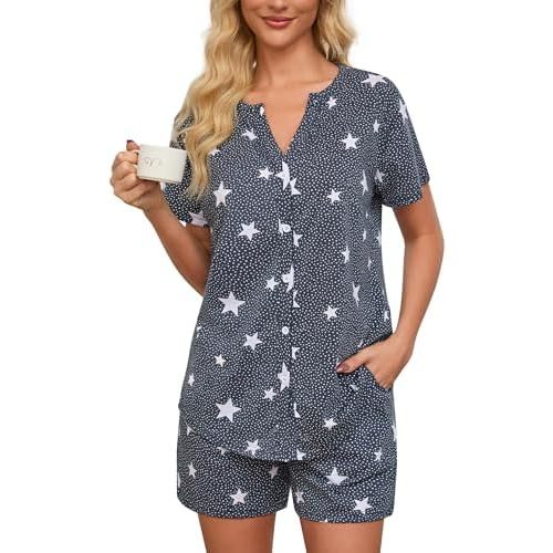 ENJOYNIGHT Womens Pajama Set Cotton Summer Pj Shorts Button Down Sleepwear with Pockets