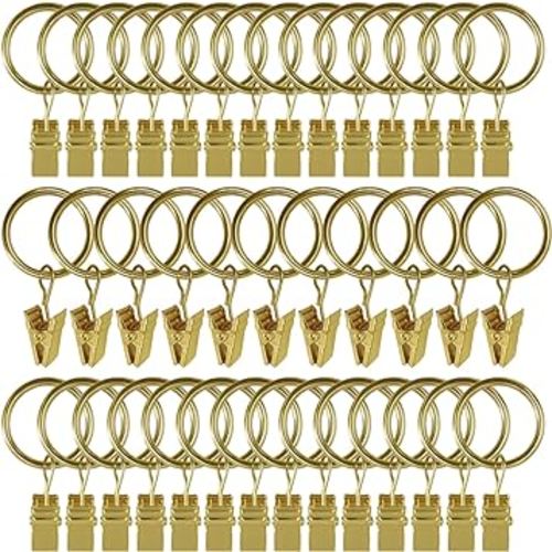 AMZSEVEN 44 Pack Metal Curtain Rings with Clips, Curtain Hangers Clips, Drapery Clips with Rings, Drapes Rings 1 in Interior Diameter, Fits Diameter 5/8 in Curtain Rod, Gold Color