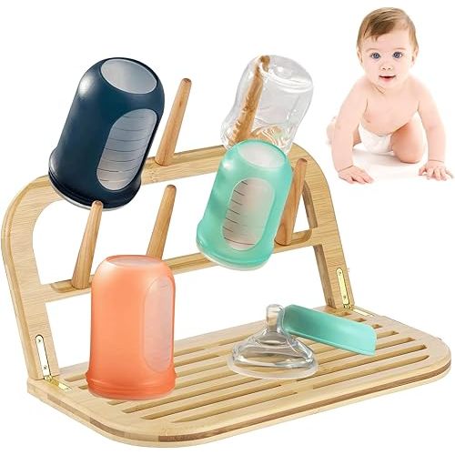 Lnrueg Bamboo Baby Bottle Drying Rack, Solid Wood Multi-Layer Storage Shelf, Baby Bottle and Pacifier Organizer, Cup Draining Rack, Household Wine Glass and Water Cup Organizer