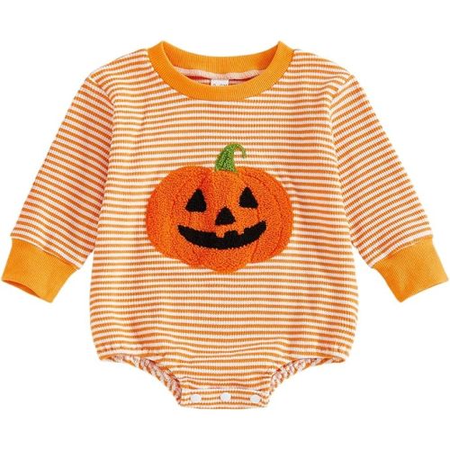 Karuedoo Newborn Baby Boy Girl Halloween Outfit Pumpkin Ghost Embroidery Stripe Long Sleeve Bubble Romper Waffle Bodysuit