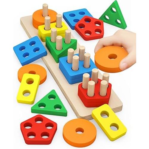 Montessori Toys for 1 to 3-Year-Old Boys Girls Toddlers and Kids Preschool, Wooden Sorting & Stacking Educational Toys, Color Recognition Stacker Shape Sorter, Learning Puzzles Gift