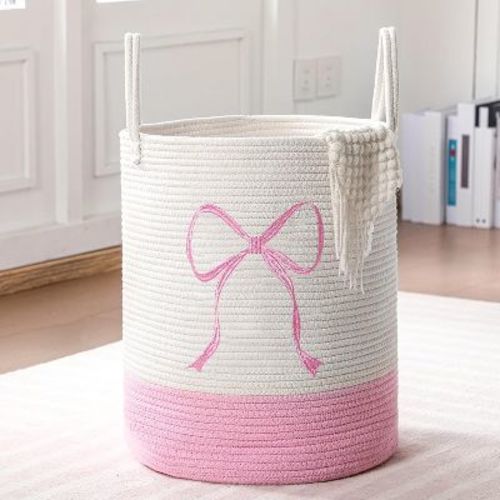 Pink Bow Laundry Hamper Tall Cotton Rope Laundry Basket Hamper Large Bow Girly Nursery Basket Storage
