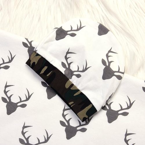 IWOKA Soft Newborn Baby Deer Print Blanket Bedding Blanket Wrap Swaddle Blanket Bath Towel+Hat