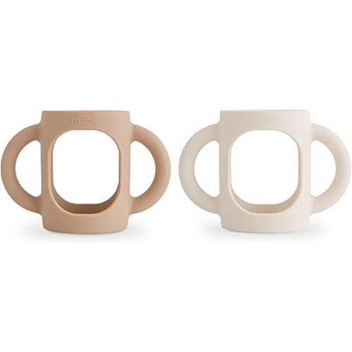 mushie Silicone Baby Bottle Handles 2-Pack | Narrow Bottle Compatible for 3 Months+ (Natural/Shifting Sand)