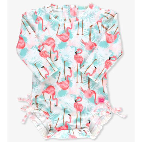 Long Sleeve One Piece Rash Guard | RuffleButts Vibrant Flamingo