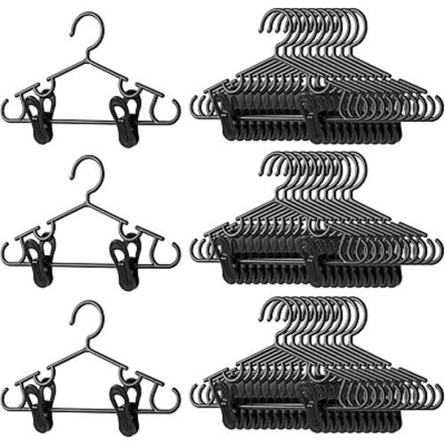 Hsei 60 Packs Baby Hangers with Clips Toddler Hangers with Clips for Kids Pants Closet Coat Skirts Socks (Black)