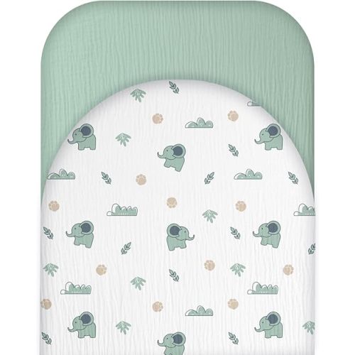Muslin Bassinet Sheets for Baby Boy Girl - Extra Soft 100% Cotton Bassinet Sheets Fitted for Oval Rectangle Hourglass Mattress, 2 Pack(Green&Elephant)