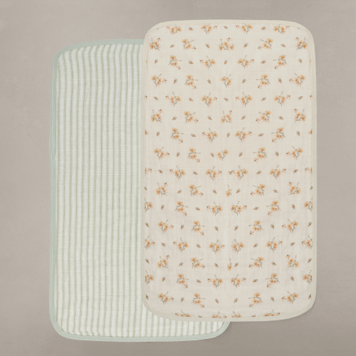 'Dainty Floral' & 'Sea Moss' Sage Green Stripe - Muslin Burp Cloth 2-Pack