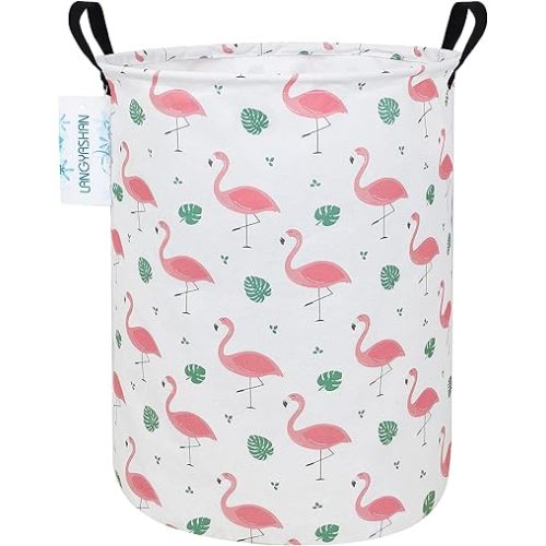 LANGYASHAN Laundry Basket Canvas Fabric Collapsible Organizer Basket for Storage Bin Toy Bins Gift Baskets Bedroom Clothes Children Nursery Hamper (Round Flamingo)