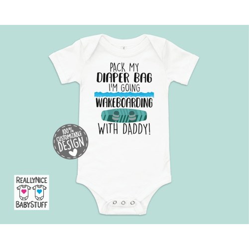 Wakeboard Baby Bodysuit | Pack Diaper Bag Wakeboarding With Daddy, Wakeboard Dad, Water Sports Baby Shower Gift Idea