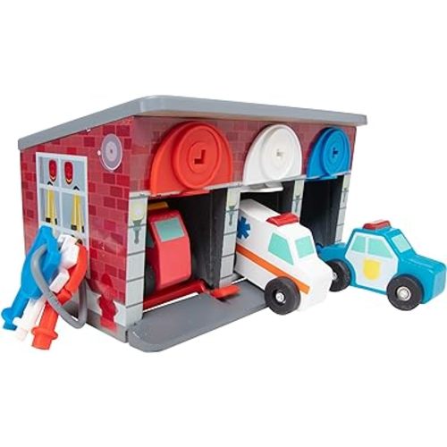 Melissa & Doug Toy Keys and Cars Wooden Rescue Vehicles and Garage (7 pcs) Red, for 36 months to 72 months