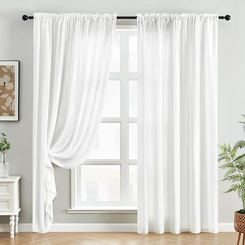 HOMEIDEAS Non-See-Through White Privacy Sheer Curtains 52 X 84 Inches Long 2 Panels Sheer Curtains Light Filtering Window Curtains Drapes for Bedroom Living Room