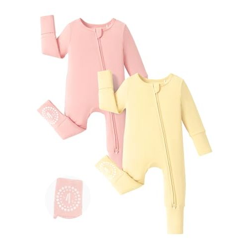 PATPAT Baby Footies Boys Girls - Bamboo Viscose - Zipper & Non-Slip Soles Romper Mitten - Footed & Footless Infant Clothes