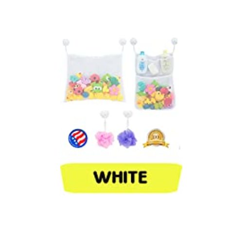 2 x Mesh Bath Toy Organizer + 6 Ultra Strong Hooks – The Perfect Bathtub Toy Holder & Bathroom or Shower Caddy – These Multi-use Net Bags Make Baby Bath Toy Storage Easy – For Kids & Toddlers - White