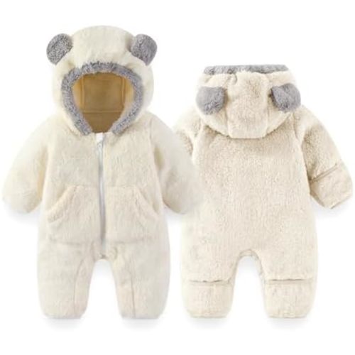 Newborn Baby Bear Outfit Suit With Fold-Over Mittens Footies Girls Boys Winter Fleece Clothes Hooded Romper Snowsuit