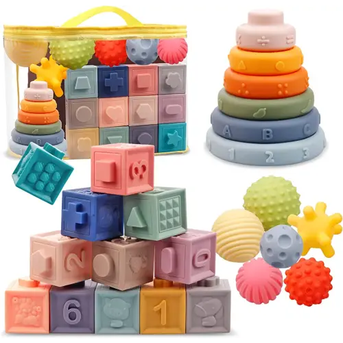 Montessori Toys for Babies,Soft Stacking Building Blocks Rings Balls Sets,3 in 1 Baby Toys Bundle,Sensory Toys for 6-12 Months, Soft Teething Toys for Babies,Baby Toys Gifts for Boy Girl
