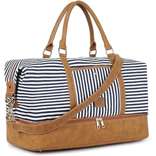 Gonex Canvas Duffel Weekender Bag with Shoe Compartment 42L Overnight Travel Tote Bag(Blue Stripe)