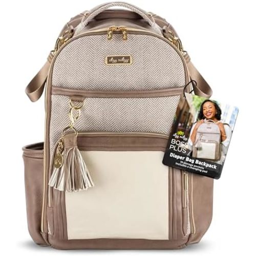 Itzy Ritzy Diaper Bag Backpack – Large Capacity Boss Plus Baby Backpack Diaper Bag Featuring 19 Pockets, Changing Pad, Stroller Clips, and Comfortable Straps (Vanilla Latte)
