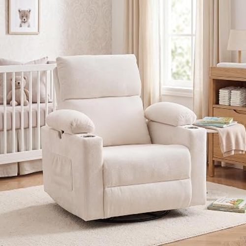 Power Swivel Rocker Recliner with Adjustable Armrests, Nursery Rocking Chair with Massage and Heat, Glider Recliner Nursery Chair with Adjustable Headrest, Chenille White