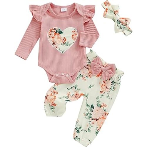 Kaipiclos Newborn Infant Girl Clothes Daisy Print Rib Knit Romper Pants Headbands Baby Clothes for Girls 0 3 6 12 18 Months