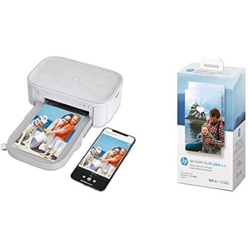 HP Sprocket Studio Plus and Photo Paper Bundle - Wireless Printer and Double Pack of Paper Cartridges
