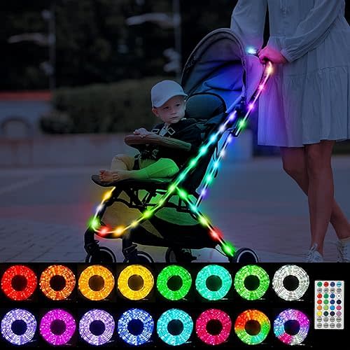 Battery Powered LED Baby Stroller Lights, 10 FT Multicolor Stroller Rope Lights for Night Walking, 16 Colors 8 Modes Stroller RGB Led Strip Light with Remote for Stroller Accessories