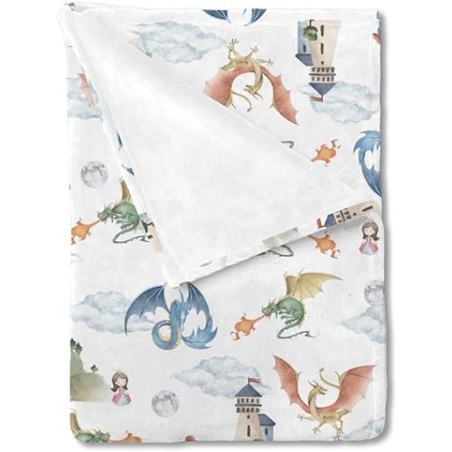 Fairytale Dragons Castle Baby Blanket for Boys Girls Watercolor Dragon Princess Knight Moon Clouds Flannel Receiving Blankets Soft Swaddle Blanket Toddler Nursery Bed Crib Blanket Playmat 30x40