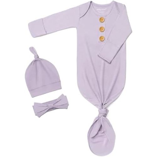 Soft Newborn Knotted Gown with Hairband and Hat, Baby Boy Girl Coming Home Outfit, Sleeper Baby Sleep Gown with Mittens