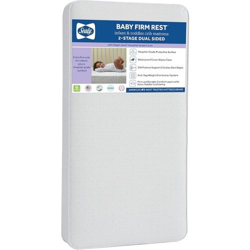 Sealy Baby Firm Rest Antibacterial 2 Stage Waterproof Crib Mattress plus Toddler Bed Fit, 204 Steel Coils, Non Toxic, GREENGUARD Gold Certified, Safety & Quality Tested, Made in USA, 52"X28"
