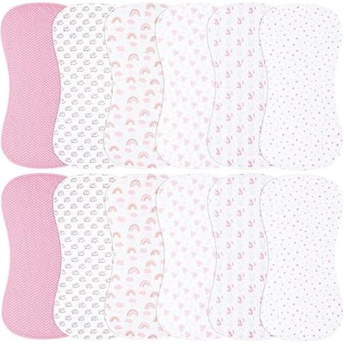 Baby Burp Cloths Large Size 3-Layers Thicken 100% Cotton Super Absorbent and Soft Baby Spit Up Burping Rags Baby Burp Cloth Set for Girls 12 Pack