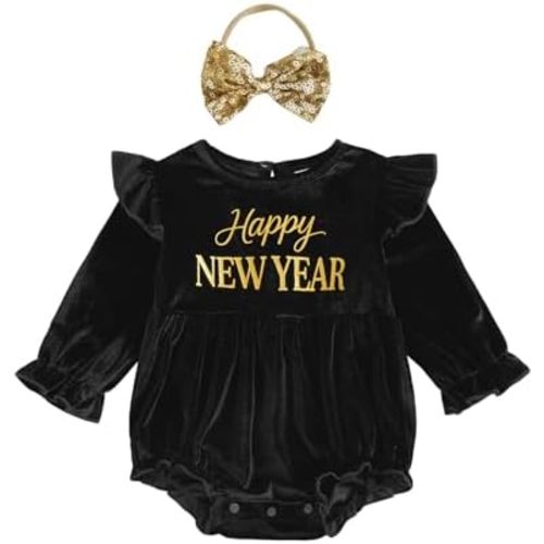 Lamuusaa Newborn Baby Girl New Year Outfit ''Happy New Year'' Letter Romper Ruffle Bodysuit Shirts Headband Spring Outfit
