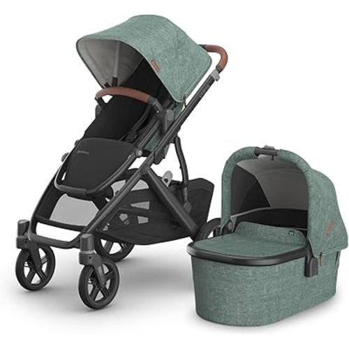 UPPAbaby Vista V3 Stroller + Bassinet V3 - Convertible Single-to-Double Stroller System- Bassinet, Toddler Seat, Bug Shield, Rain Shield Included - Gwen (Green Mélange/Carbon Frame/Saddle Leather)
