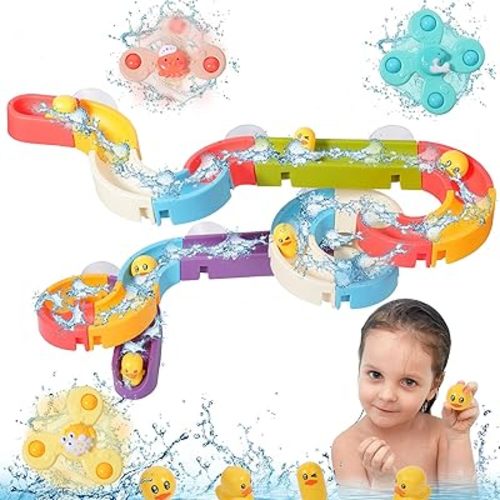 Bath Toys for Toddlers（37PCS） Duck Water Slide Toy Track with 3 Rotating Suction Cups Toys,Bathtub Toy for Toddlers 4-8 Years,Toddler Baby Bath Toys, DIY Set Shower Toys Gift for Children