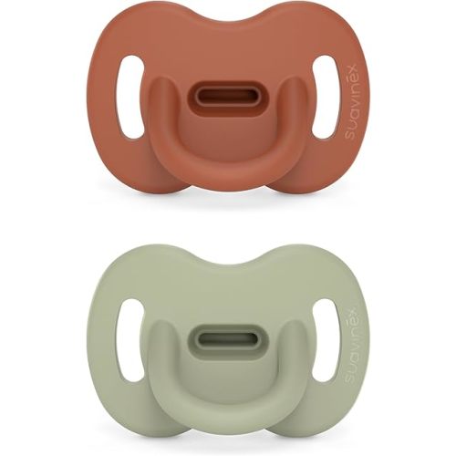 Color Essence SX PRO Silicone Baby Pacifier 2Pk, Made with 100% Soft Silicone, Baby Essentials Perfect for Breastfeeding Babies, Designed in Spain, 6-18 Mths, Orange/Green