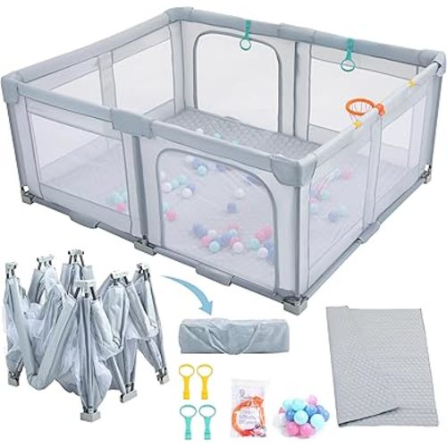 Finnhomy Foldable Playpen for Babies and Toddlers, 59 * 71 Extra Large Portable Play Yard Activity Center with Mat and Ocean Balls