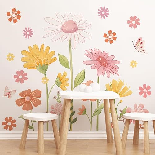 Boho Flower Wall Stickers Daisy Wildflower Wall Decals Butterfly Floral Wall Decor for Girls Bedroom Baby Nursery Kids Room Wall Decor