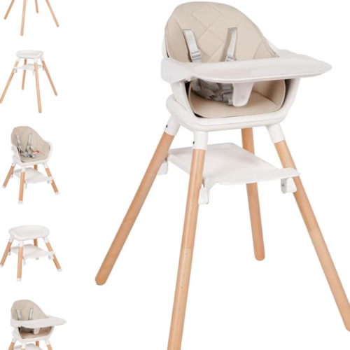 High Chair, 6 in 1 Wooden Convertible High Chairs for Babies and Toddlers, Booster Seat with Double Tray & Reversible Footrest Baby Highchair, 5-Point Harness Baby Feeding Chair, Beige