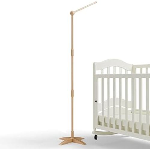 Floor-Standing Crib Mobile Arm,61 Inch New Upgrade Arched Anti-Tip Base Mobile Arm for Crib 360°Adjustable Mobile Holder for Baby Girl Boy 100% Natural Beech Wood Crib Mobile Hanger