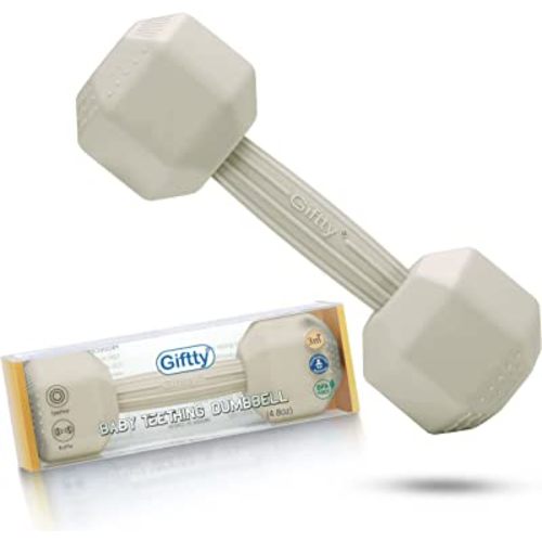 Baby Dumbbell Toy - Silicone Infant Rattle Teething Toy Teether Toddler Sensory Toy Durable Safe Exercises Workout Weight - Great Gift for Girls and Boys (1pcs 4.8oz - Cream)