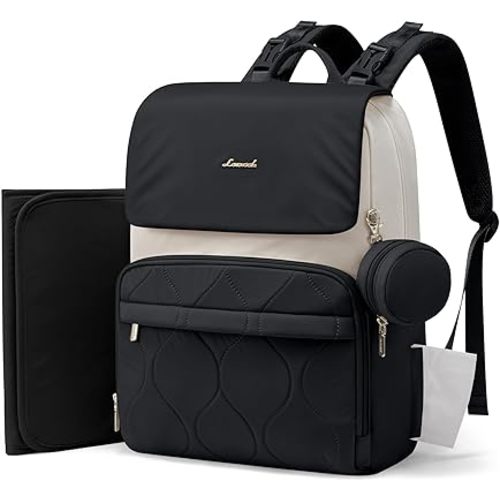 LOVEVOOK Diaper Bag Backpack, Baby Travel Bags for Boys & Girl, Toddler Diaper Bag with Changing Station & Pacifier Case (Black- Beige, 15.6 inch)