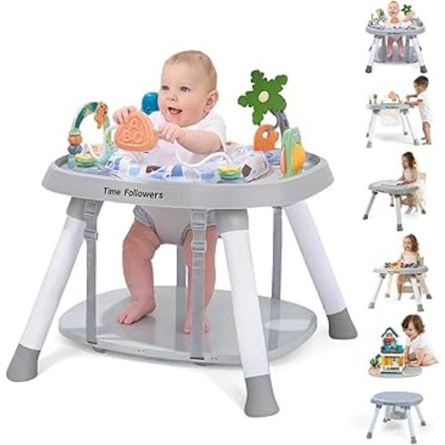 Time Followers® 6-in-1 Baby Activity Center | 4 Stage Montessori-Inspired Design | Grow Stationary Standing Toddler Table | Jumpers & Bouncers | Must Have for Boy & Girl 6, 12, 24+ Month Old (Grey)