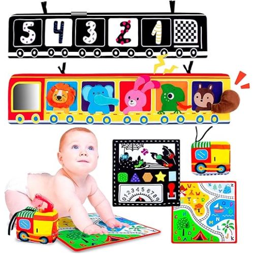 teytoy Black and White High Contrast Baby Toys for Newborn 0-3 3-6 Months, Tummy Time Mirror Soft Book for Babies Visual Stimulation Montessori Sensory Infant Crinkle Tissue Box Toys