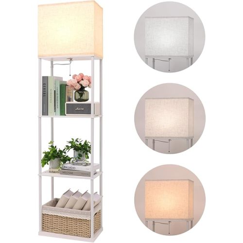 Gupuzm Floor Lamp with Shelves, Large Size Rectangle Standing Lamp with 3 Color Temperature Bulb, Corner Display Bookshelf Lamp for Living Room, Bedroom and Office(White-9W)