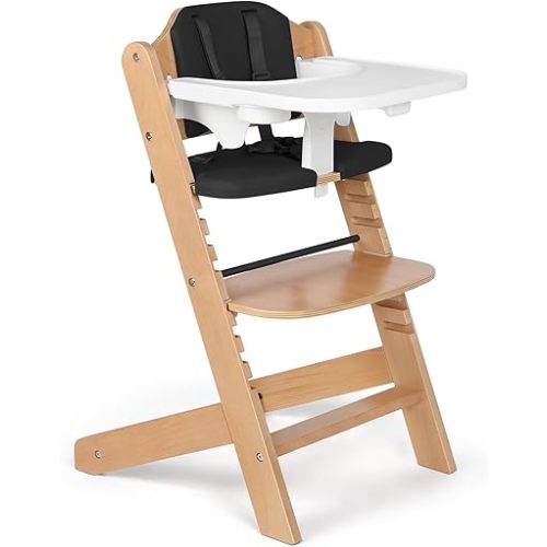 Cowiewie 3-in-1 Convertible Baby Natural Wooden Highchair with EVA Cushions with2 Tray, 8 Adjustable High Chairs for Babies/Toddlers/Adults,5-Point Harness & 2 Waterproof Cozy Cushion Black