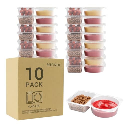 MICNOI 10 Pack Snack Containers, Reusable 2 Compartment Condiment Containers with Lids, Ideal for On-the-Go Mini Sauce Boxes & Lunchable Snack Packs for Kids and Adults, BPA-Free