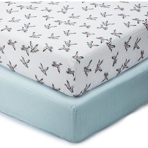 LollyBanks Muslin Crib Sheets 2 Pack, Soft and Breathable Baby Crib Sheets for Standard 52 x 28 inches Mattress, 100% Cotton Neutral Baby Bed Sheet, Infant Registry (Mallard Duck and Solid Green)