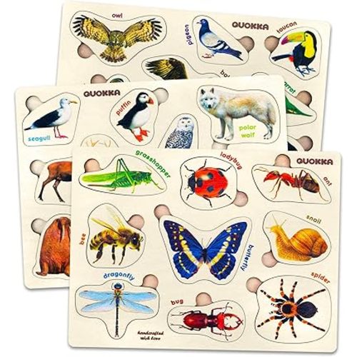QUOKKA Wooden Puzzles for Toddlers 1-3 – 3xSET Kids Puzzles Ages 2-4 – Montessori Toy Puzzle for Toddlers 3-5 – Wood Toy Learning Realistic Insects - Arctic Animals - Birds for Boy and Girl