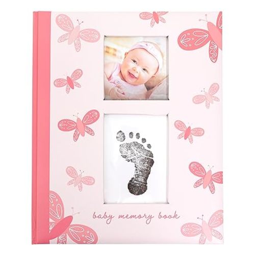 Butterfly Baby Memory Book for Girls, First 5 Years Milestone Journal and Pregnancy Keepsake, Baby Scrapbook with Handprint and Footprint Ink Pad, Pink